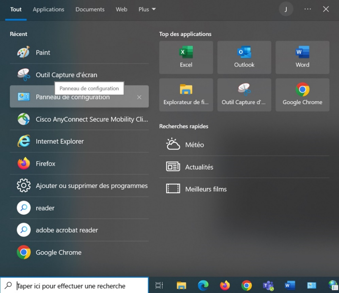 Panneau de configuration Windows dans le menu Démarrer